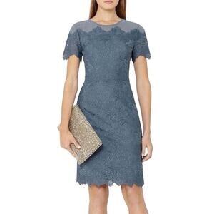 Reiss Floran Slate Blue Lace Embroidered Mesh Short Sleeve Sheath Dress 0
